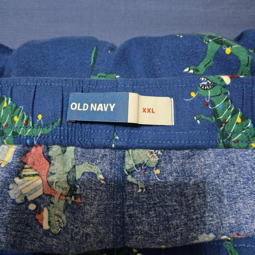 Old Navy Pajama Pants Mens 2XL Blue Flannel Dinosaur Christmas Print Lounge